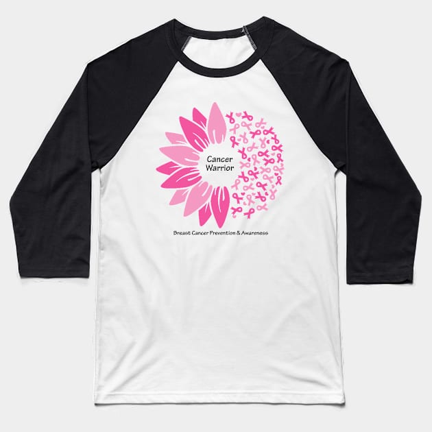 Breast cancer warrior with flower, ribbons & black type Baseball T-Shirt by Just Winging It Designs